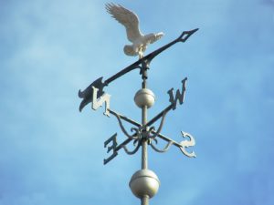 A weathervane shows the cardinal directions